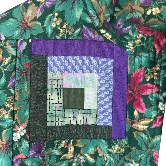 Handmade Quilted Patchwork Barn Jacket Green Purple Floral Log Cabin Size XL/1X - Picture 5 of 7